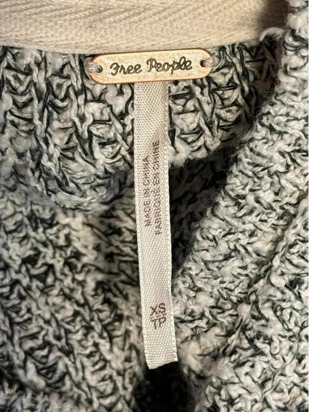 Free People Womens Chunky Knit Sweater Cotton Linen Blend Marled Black White XS